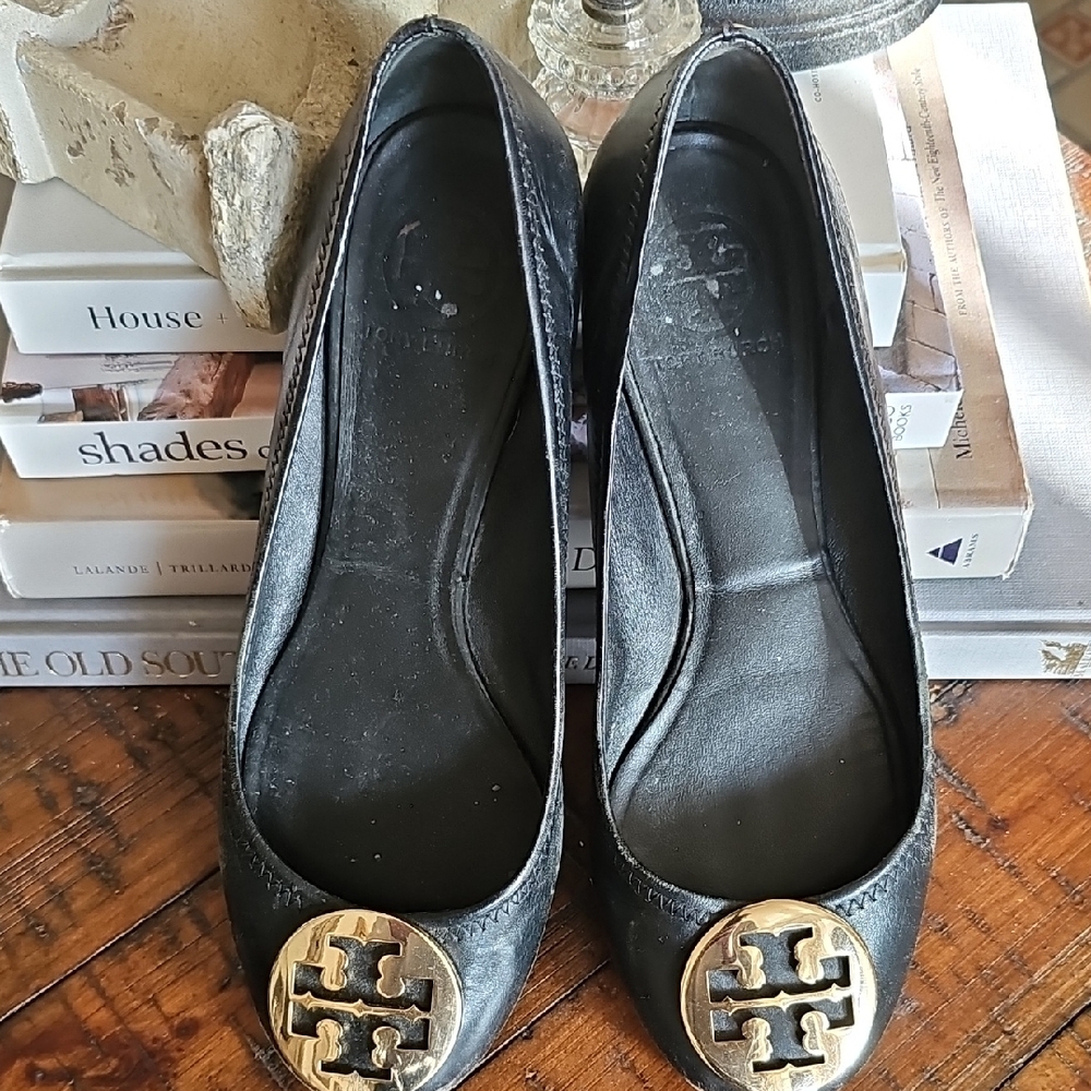 Tory Burch Gold and Black Flats with Signature Emblem